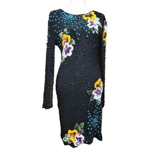 Black Floral Sequin Flower evening party cocktail long sleeve Midi Silk Dress M